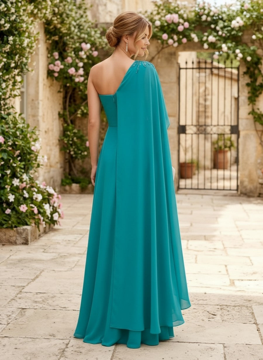 One-Shoulder Chiffon A-Line Gown with Cape