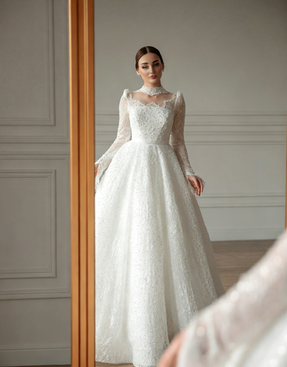 High-Neck Beaded Long Sleeve Ball Gown Wedding Dress