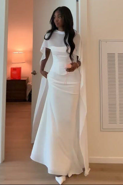 Floor-Length Gown with Sheer Cape and Pockets