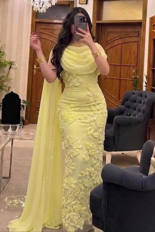 Floral Applique Draped Column Evening Gown