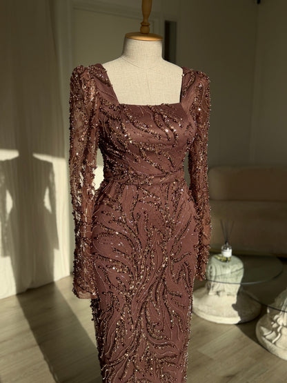 Sequin Swirl Long Sleeve Square Neck Maxi Dress