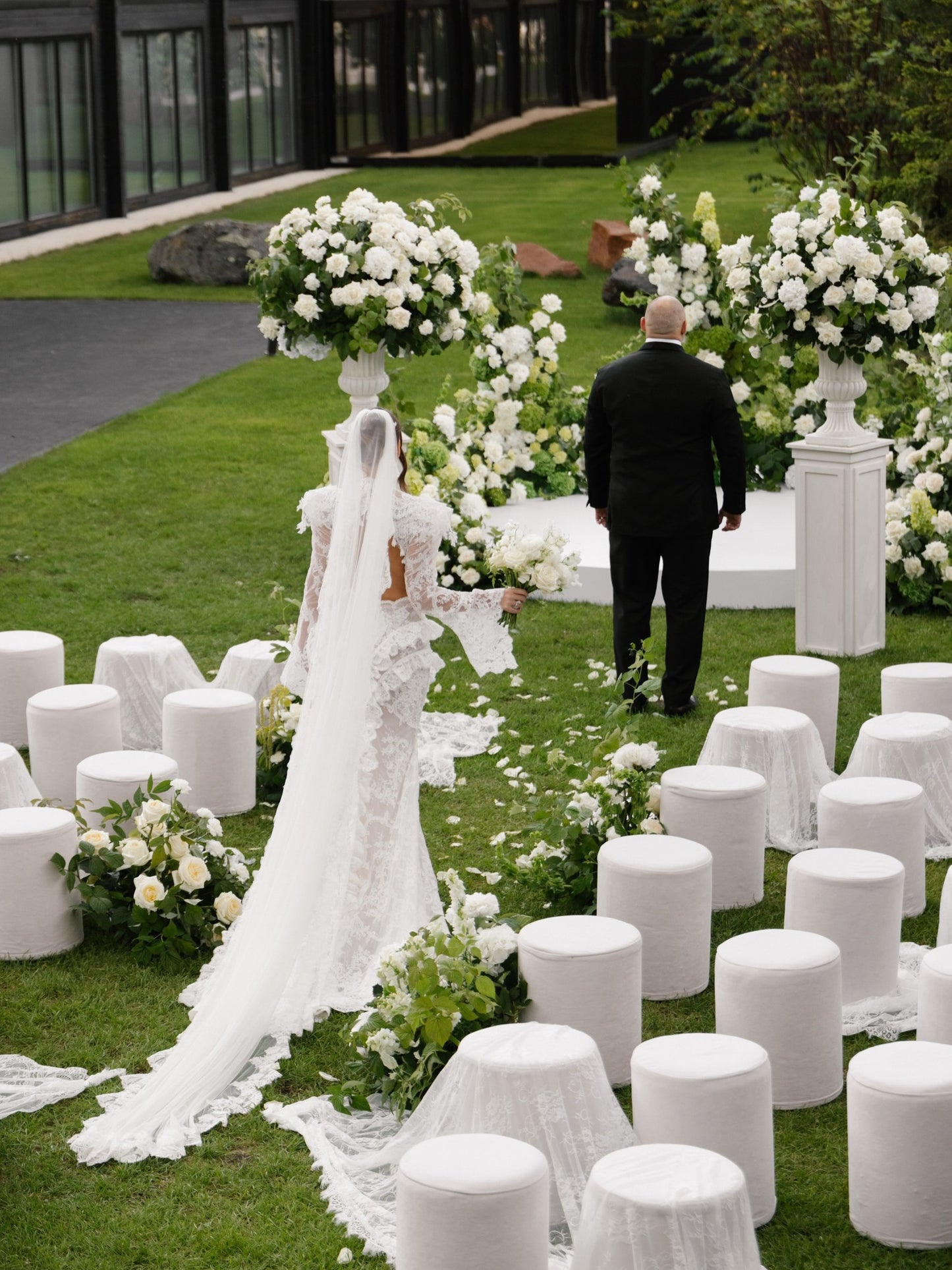 Long Sleeve Lace Bridal Gown with Dramatic Veil