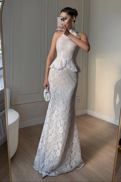 Halter High-Neck Lace Peplum Trumpet Gown
