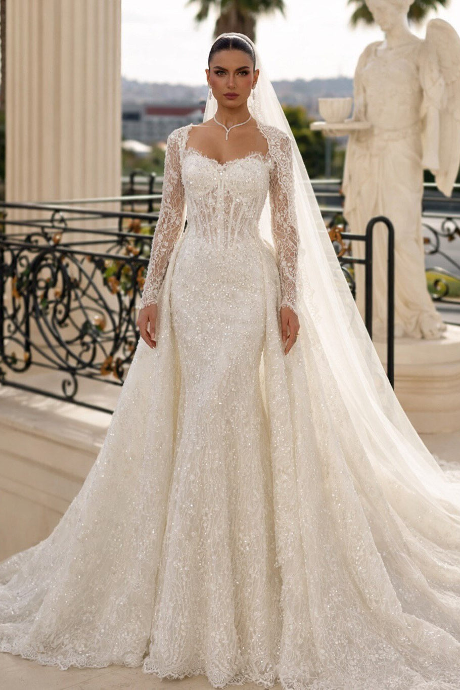 Corset Lace Mermaid Wedding Dress with Overskirt