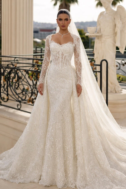 Corset Lace Mermaid Wedding Dress with Overskirt
