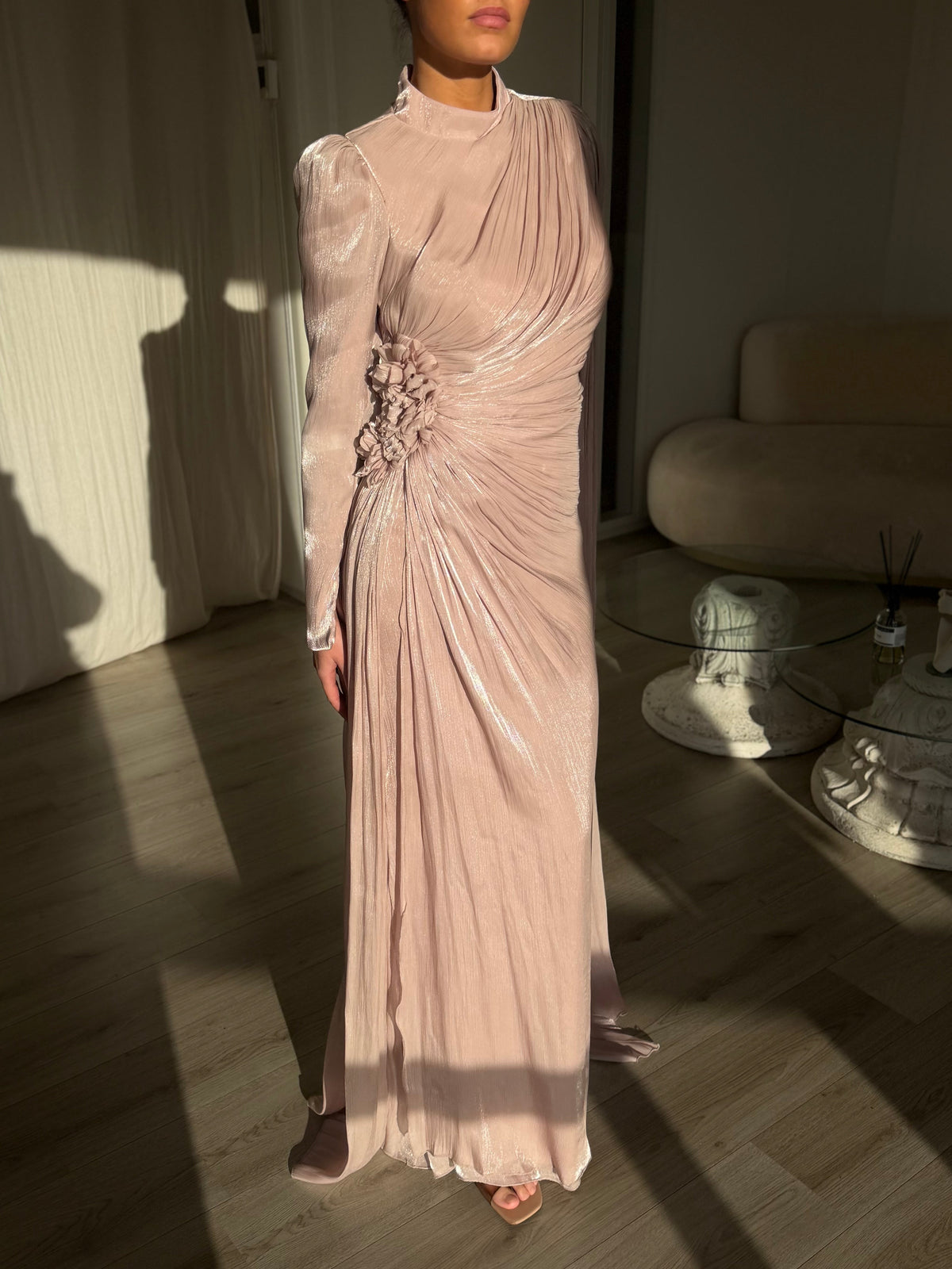 Ruched High-Neck Gown with Cape Sleeve & Rosette