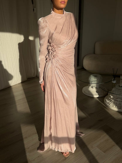 Ruched High-Neck Gown with Cape Sleeve & Rosette