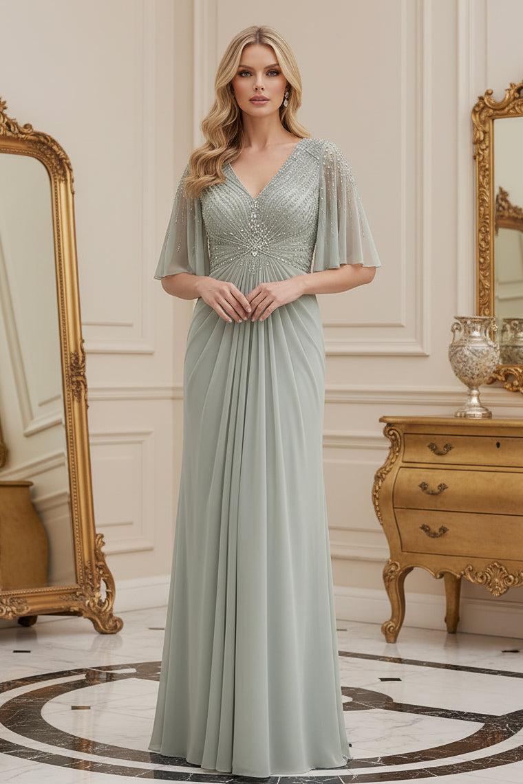 Beaded Flutter Sleeve V-Neck Evening Gown