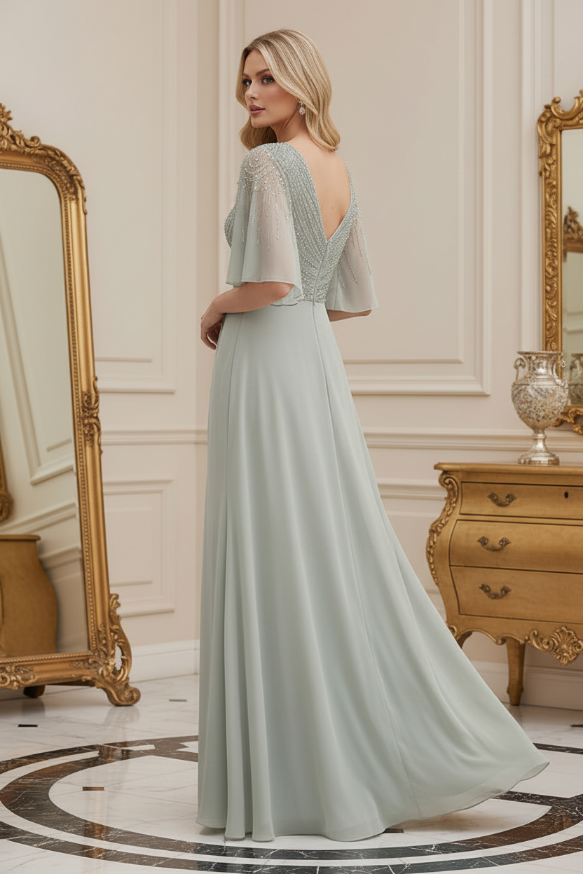 Beaded Flutter Sleeve V-Neck Evening Gown