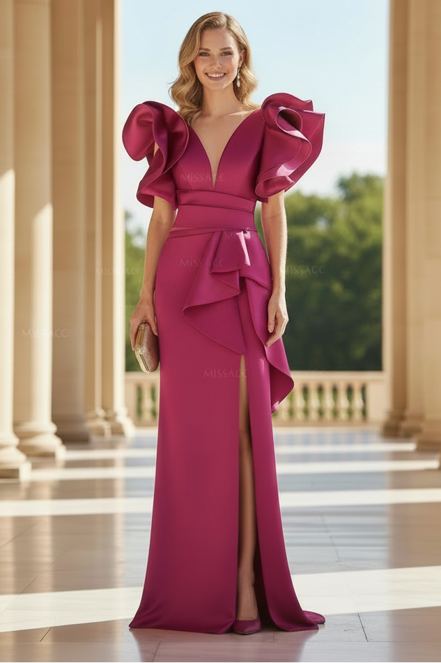 Striking Deep V-Neck Ruffled Flutter Sleeve Satin Column Gown