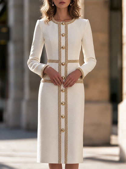 Braided Trim Long Sleeve Button-Front Midi Dress