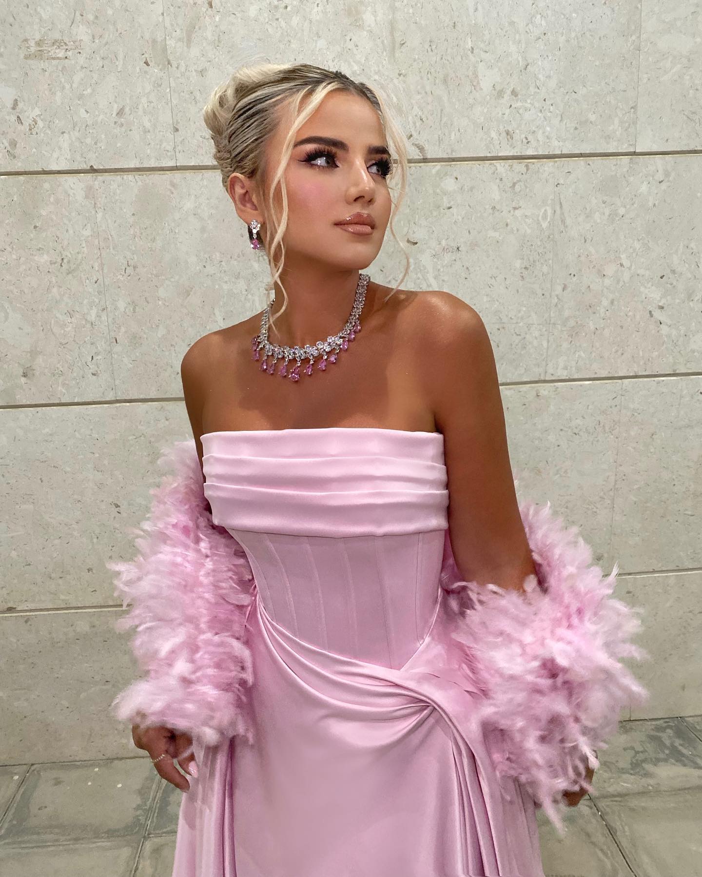 Strapless Corset Satin Gown with Feather Shawl