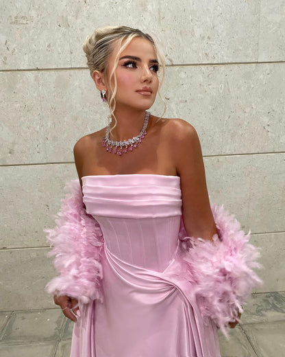 Strapless Corset Satin Gown with Feather Shawl