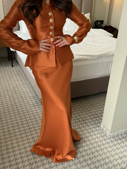Buttoned Peplum Jacket and Maxi Skirt Two-Piece Set