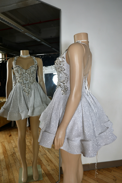 Glitter Halter Mini Dress with Beaded Bodice