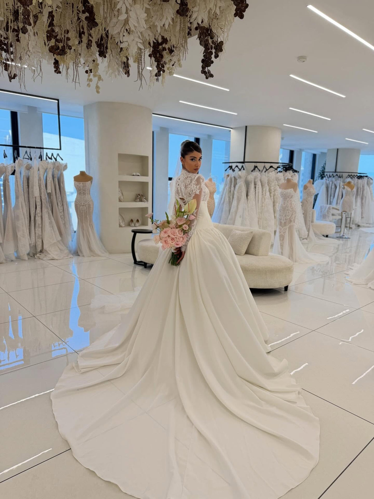 High Neck Lace Bodice Ball Gown Wedding Dress