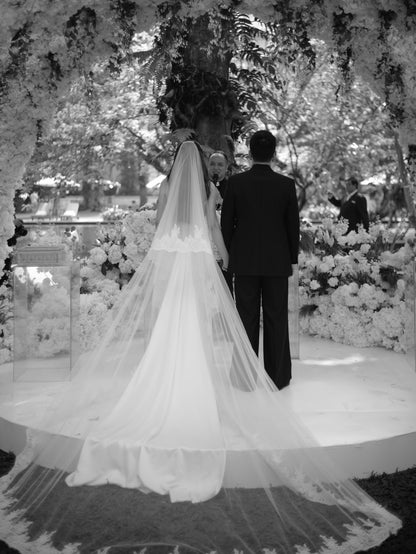 Strapless Lace Applique Wedding Gown with Cathedral Veil