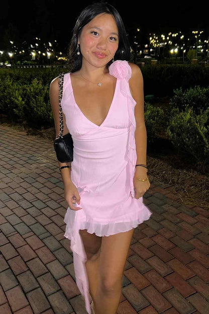 Asymmetrical Ruffled Mini Dress with 3D Flower