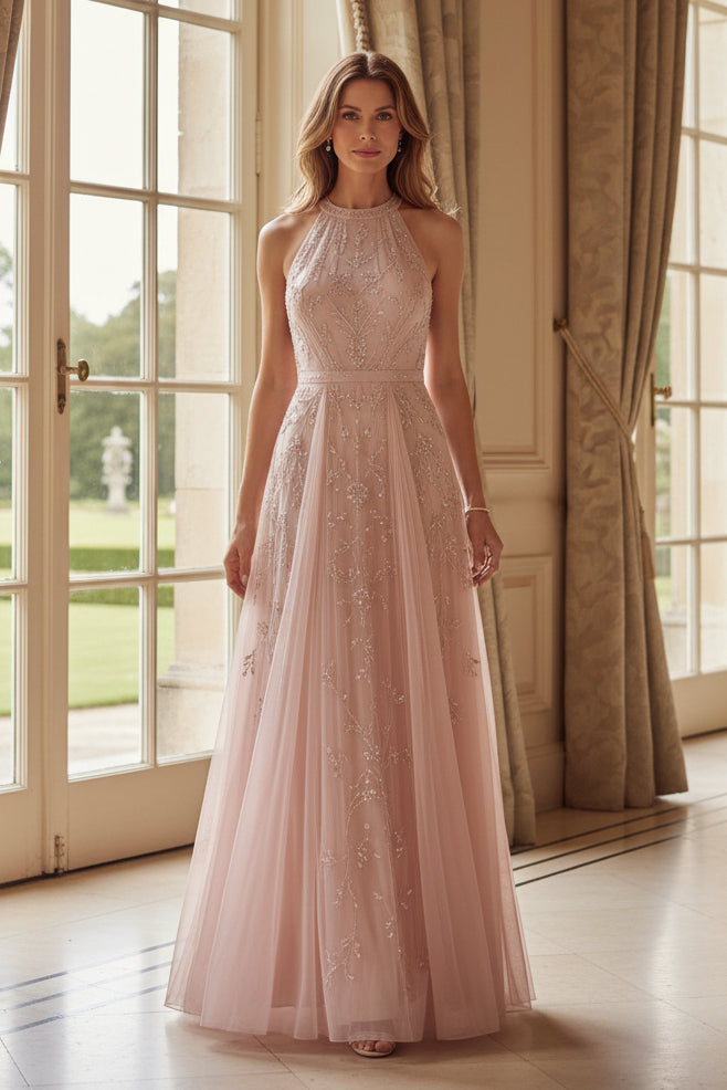 Beaded Halter Keyhole Back Tulle A-Line Gown