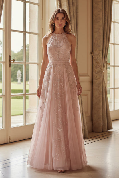 Beaded Halter Keyhole Back Tulle A-Line Gown
