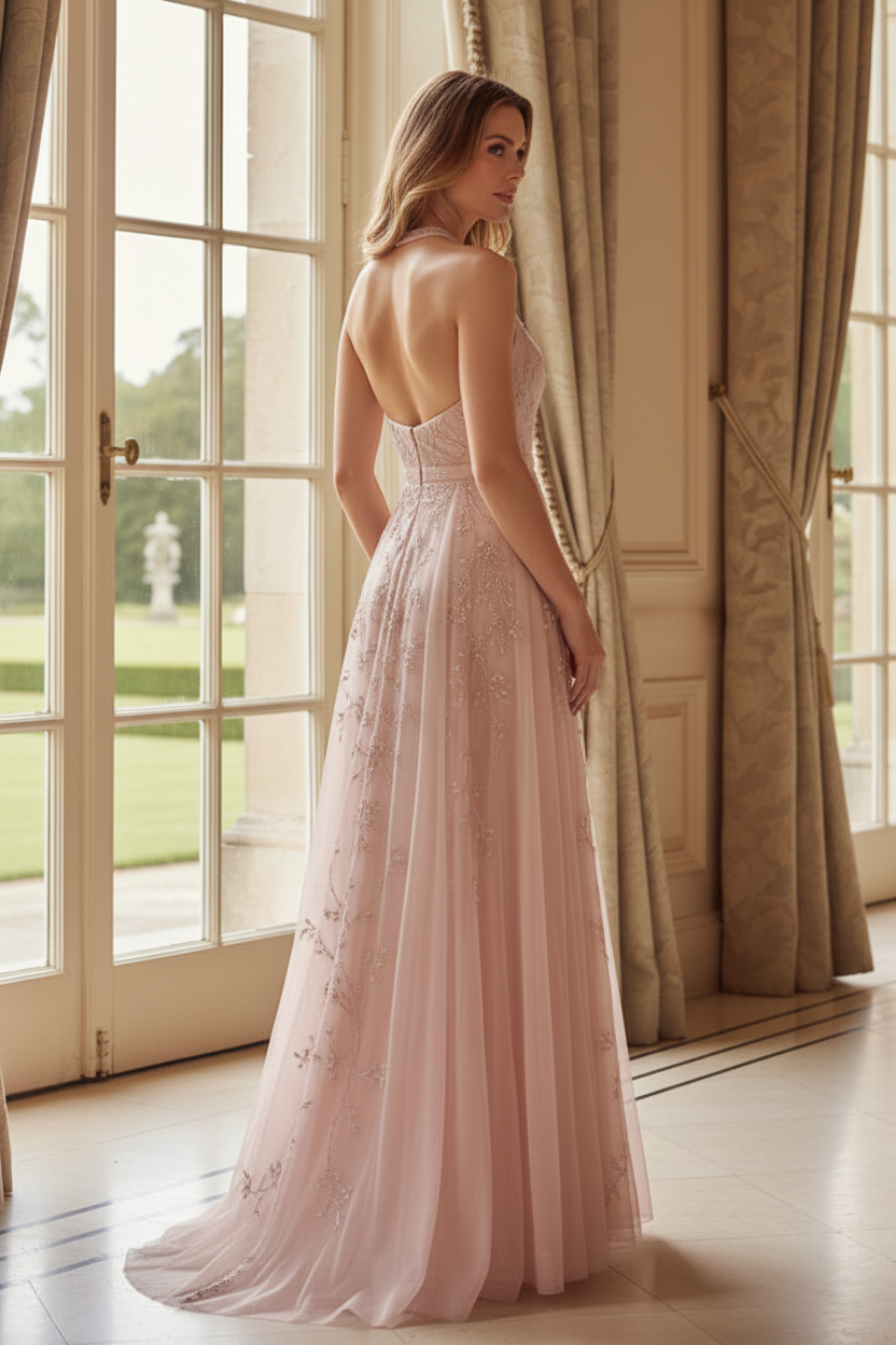 Beaded Halter Keyhole Back Tulle A-Line Gown