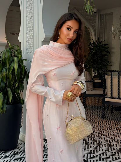 High Neck Long Sleeve Gown with Cape & Corset Back