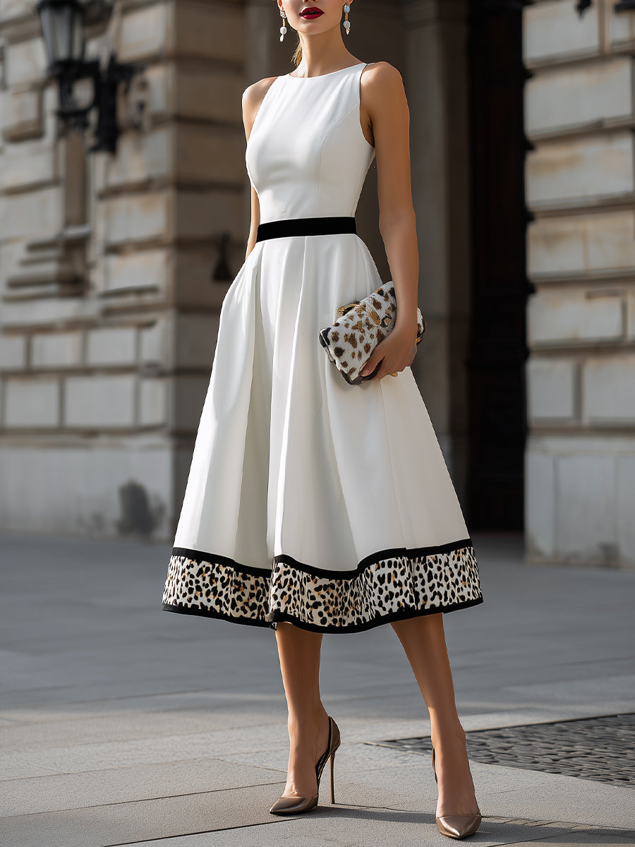 Sleeveless Midi Dress with Leopard Print Hem