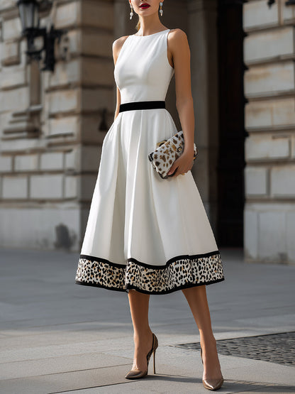 Sleeveless Midi Dress with Leopard Print Hem