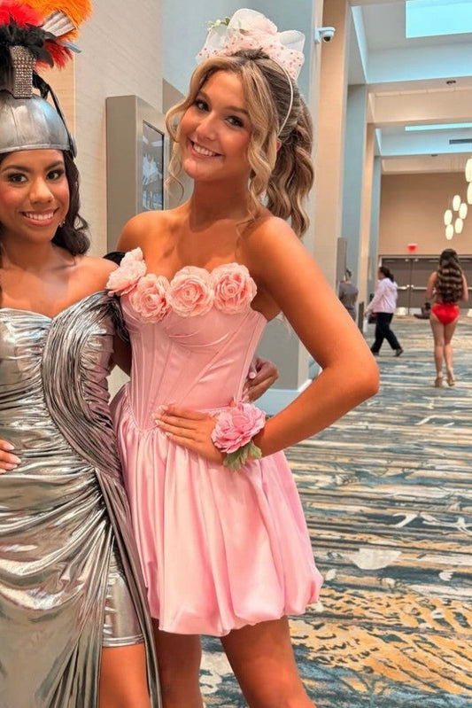 Strapless Corset Bubble Hem Mini Dress with 3D Flowers