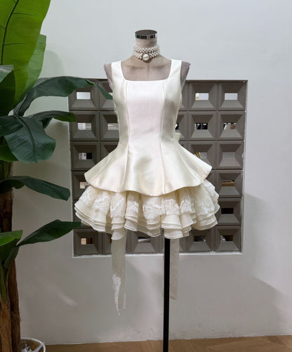 Square Neck Ruffled Mini Dress with Back Bow