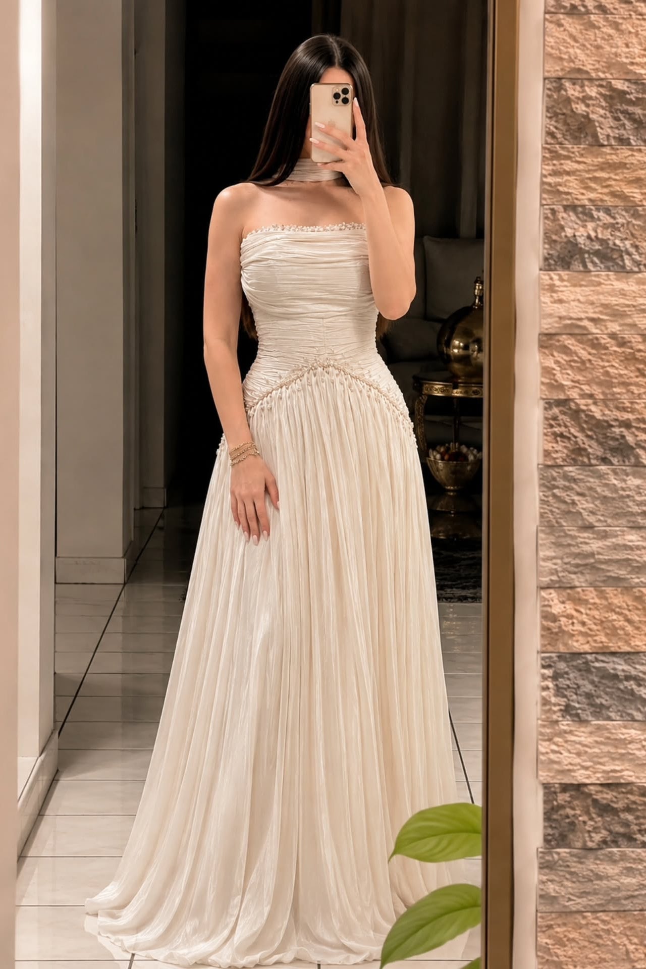 Strapless Ruched Maxi Dress with Beaded Waist