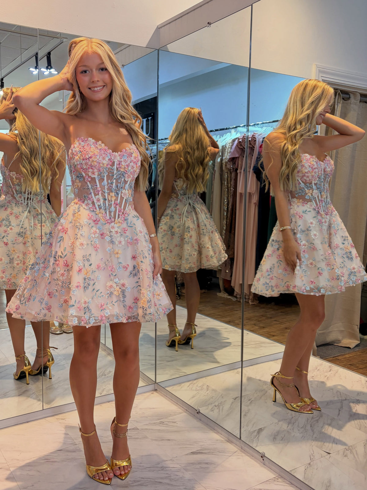Strapless 3D Floral Corset Mini Dress