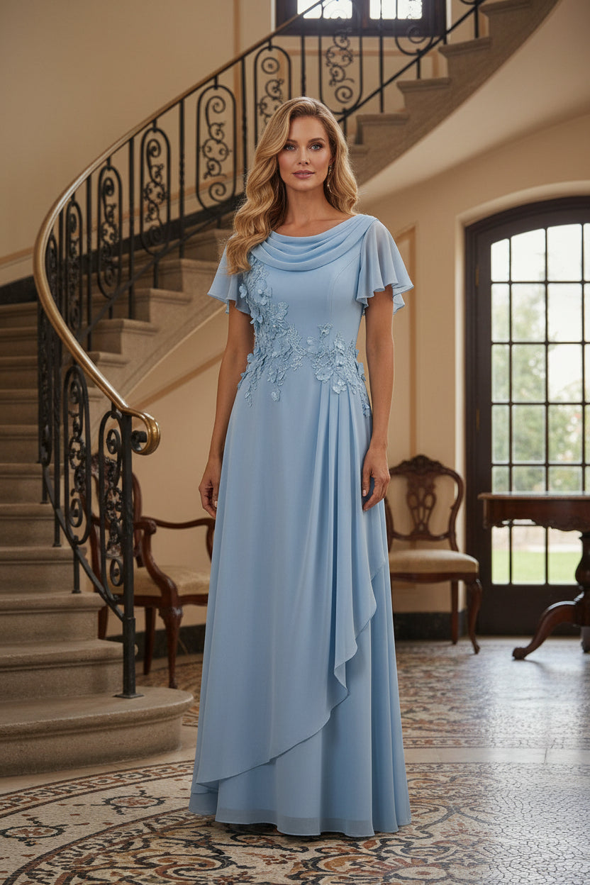 Cowl Neck Chiffon Gown with Flutter Sleeves