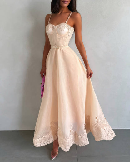 Lace Corset Bodice Satin Maxi Dress with Pearl Straps