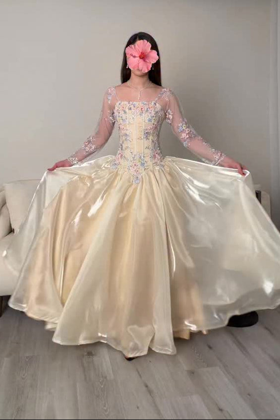 Embroidered Corset Ball Gown with Long Sleeves