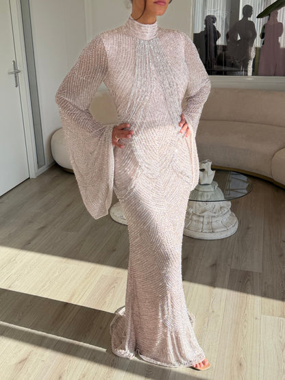 Beaded High-Neck Gown with Bell Sleeves