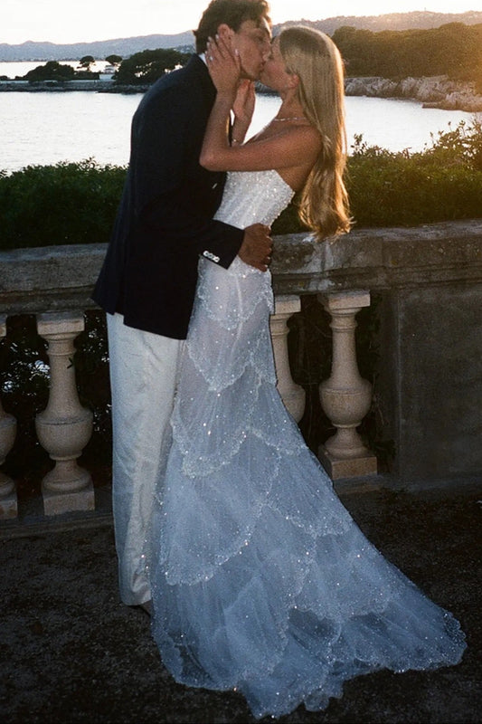 Strapless Tiered Beaded Tulle Wedding Gown