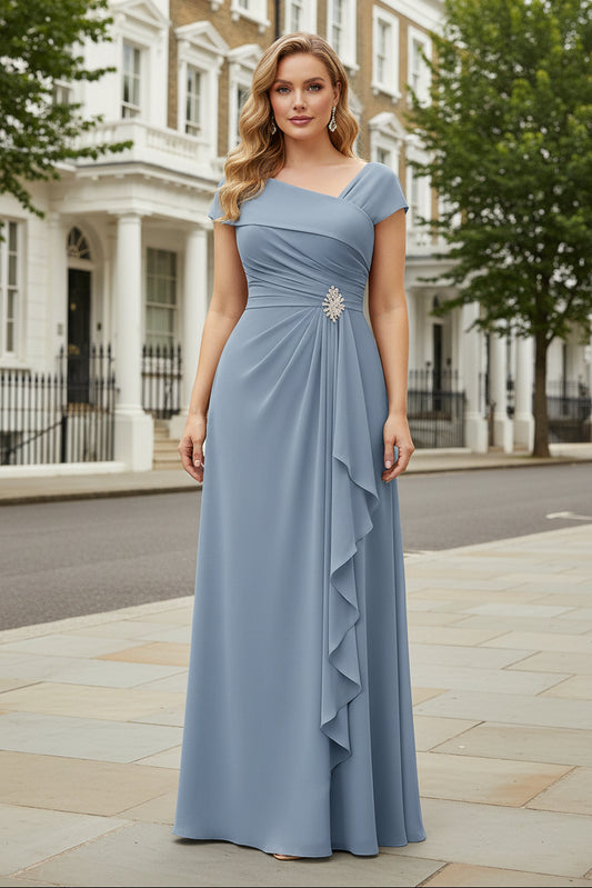 Asymmetrical Ruched A-Line Gown with Brooch