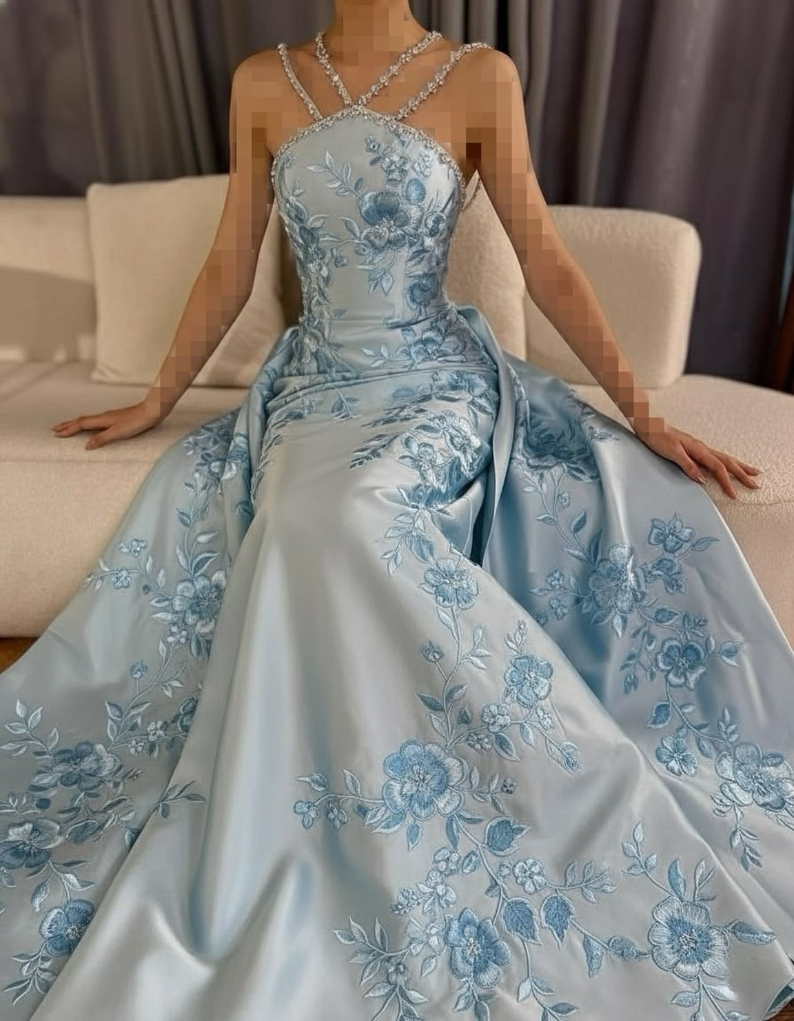 Embroidered Satin Gown with Beaded Straps
