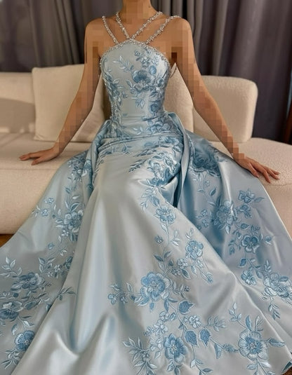 Embroidered Satin Gown with Beaded Straps