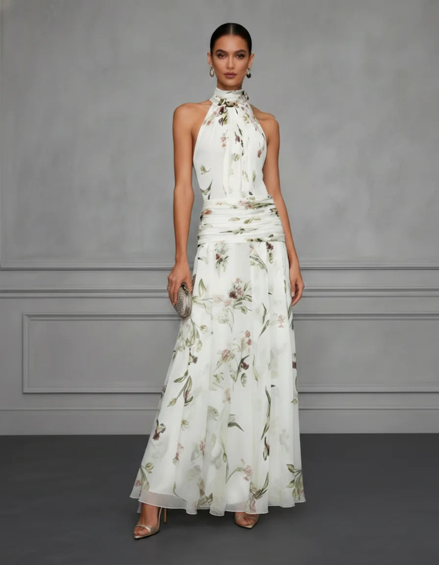 Floral Chiffon Halter Maxi Dress