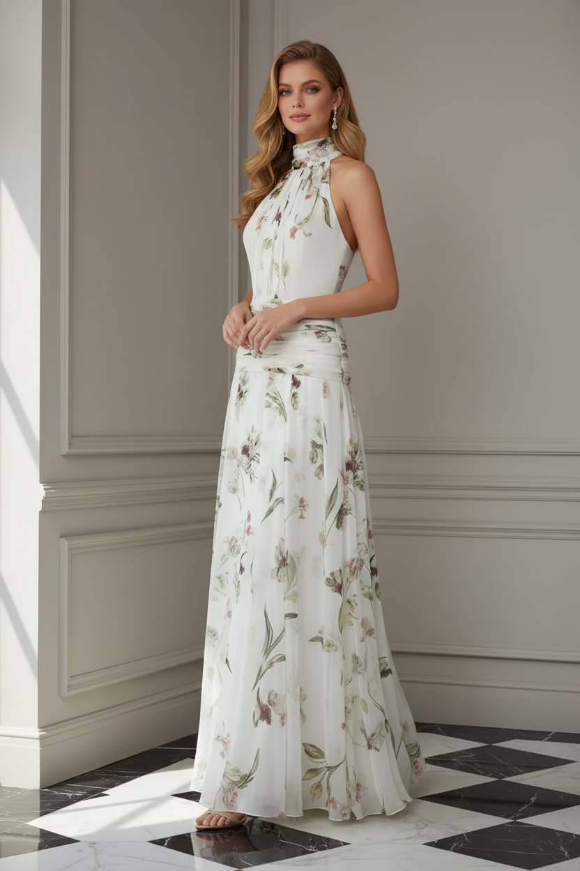 Floral Chiffon Halter Maxi Dress