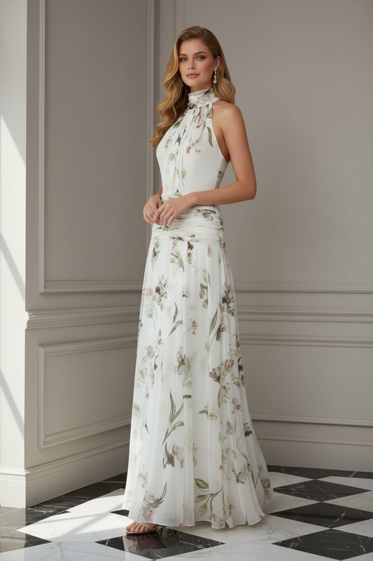 Floral Chiffon Halter Maxi Dress