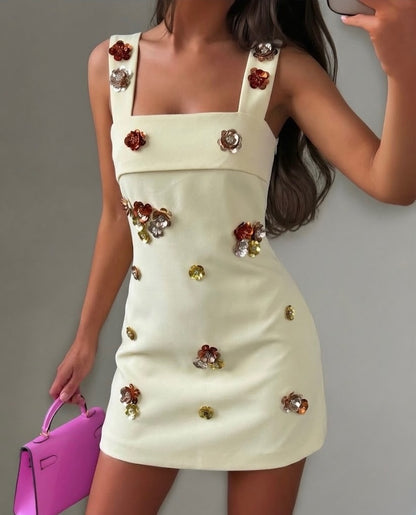 3D Flower Embellished Square Neck Mini Dress