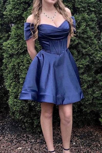 Off-the-Shoulder Corset Satin A-Line Mini Dress