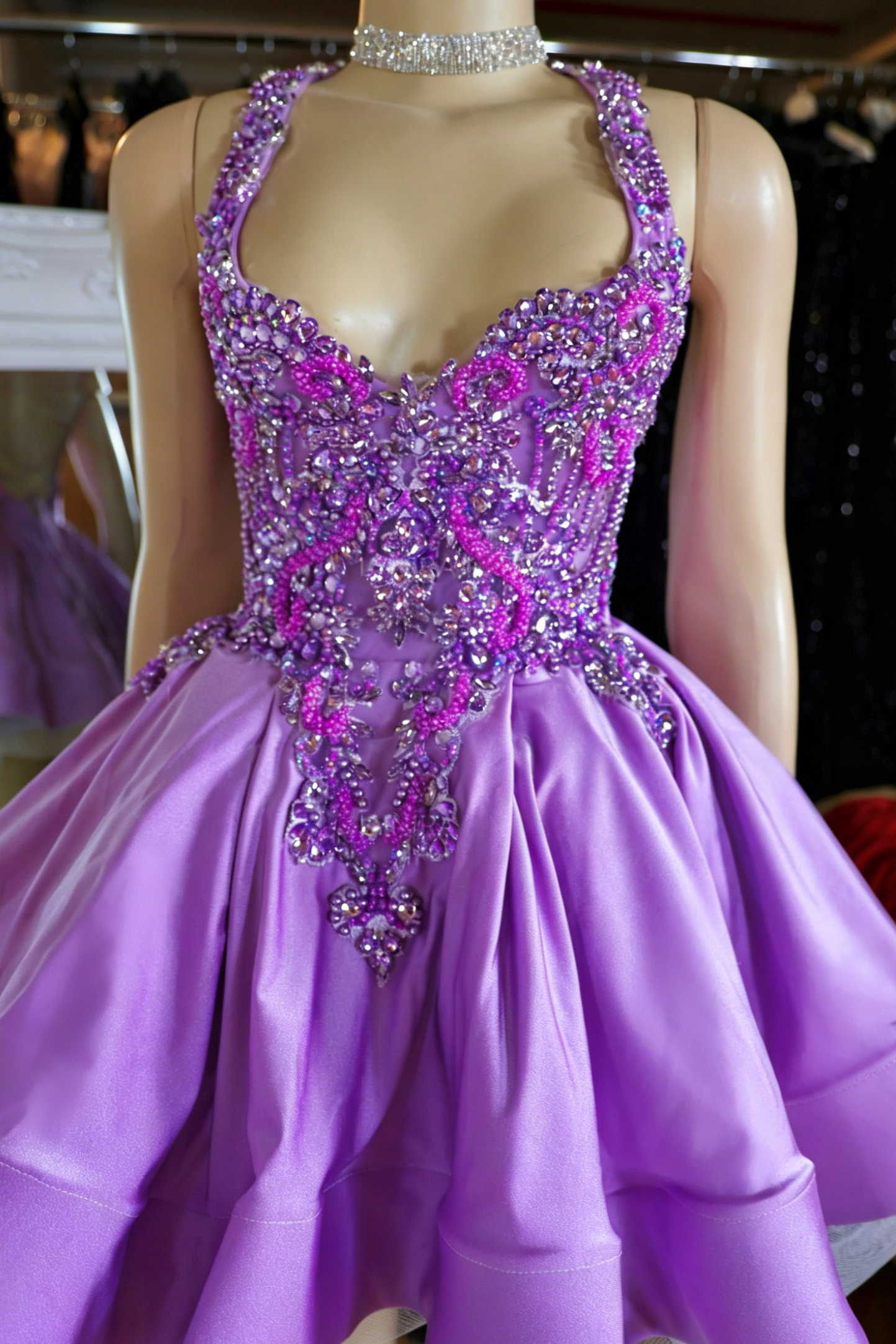 Crystal Beaded Halter Mini Dress with Full Skirt