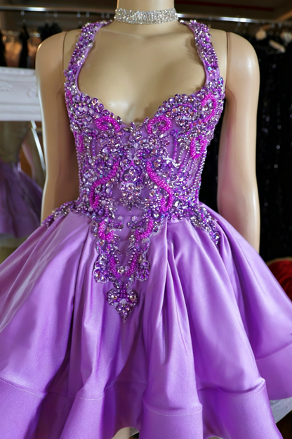 Crystal Beaded Halter Mini Dress with Full Skirt