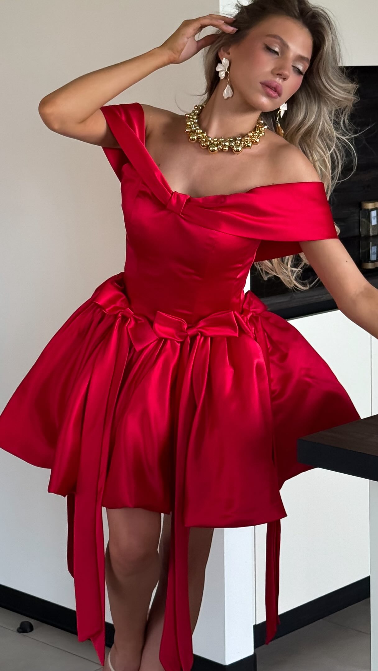 Off-the-Shoulder Bow Bubble Hem Mini Dress