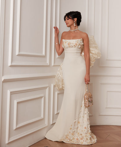 Strapless Floral Applique Gown with Statement Back