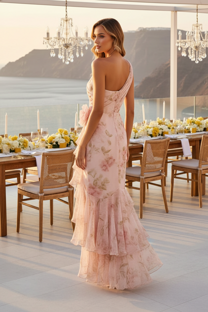 One-Shoulder Floral High-Low Dress with 3D Flower